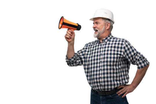 Builder shouts into megaphone. Mature man builder is holding megaphone. Blank for your building advertising. Copy space on transparent. Message from construction company concept - Powered by Adobe