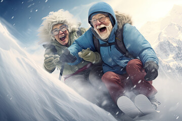 Happy elderly couple skiing on a snowy slope against the backdrop of fir trees - obrazy, fototapety, plakaty