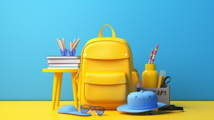 School desk with school accessory and yellow backpack on blue background 3D Rendering, 3D Illustration