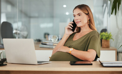 Fototapeta na wymiar Phone call, office laptop and professional pregnant woman reading online research, project feedback or website data. Admin career, pregnancy consultation and maternity worker chat with contact