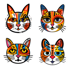 Funny cat animal head cartoon set in colorful flat illustration style. Cute kitten pet collection, diverse domestic cats.