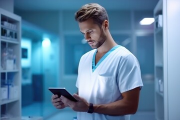 Portrait of handsome men doctor working in modern hospital, banner panorama. Generative Ai.