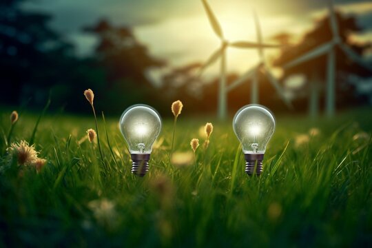 Light bulbs on green field near wind turbine, with trees in background. Generative AI
