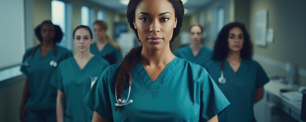 Fototapeta premium Portrait of pretty women doctor working in modern hospital.. Generative Ai.