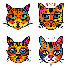 Funny cat animal head cartoon set in colorful flat illustration style. Cute kitten pet collection, diverse domestic cats.