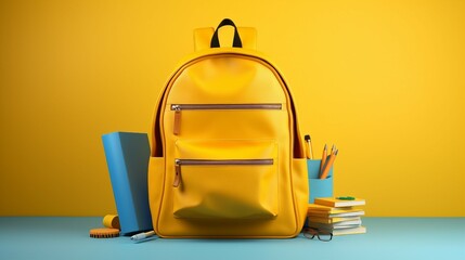 Yellow backpack with school supplies on blue background. Education concept. 3d rendering