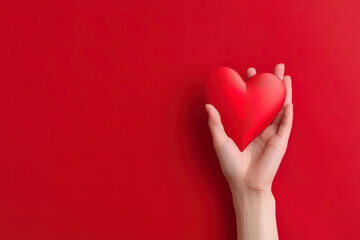 hand holds a red heart love shape on a red background with copy space