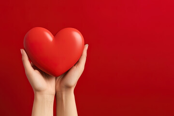 hand holds a red heart love shape on a red background with copy space