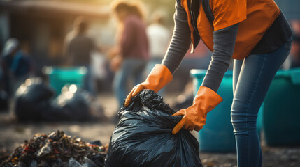 Obraz premium Close-up of a young volunteer, emphasizing global pollution concerns while cleaning up trash.Pollution Concept