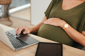 Laptop, hands or pregnant businesswoman typing in office on social media, website or internet....
