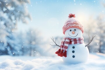 Obraz premium Happy snowman in knitted red cap and scarf standing in winter landscape. Festive background with a lovely snowman. Merry Christmas and happy New Year greeting card with copy space