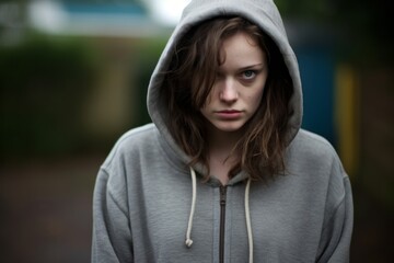 Chav girl in grey hoodie in suburban surroundings 