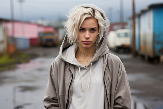 Chav girl in grey hoodie in suburban surroundings 