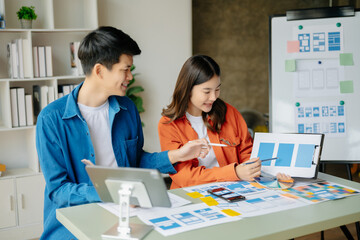  UX developer and ui designer brainstorming about mobile app interface wireframe design with...