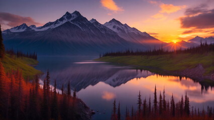 Beautiful rich nature of Alaska at sunset. river, mountains, snow, trees, landscape, High resolution, photogenic.