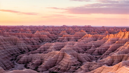 Beautiful rich nature of Badlands National Park at sunset. High resolution, photogenic. cinematic wide angle shot