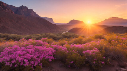 Beautiful rich nature of Big Bend National Park at sunrise. flowers, High resolution, photogenic. cinematic wide angle shot