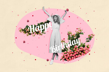 Picture black white gamma collage of lovely cheerful lady good mood rejoice birthday party isolated...