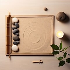 flat lay view of a Zen garden, where meticulously raked sand, carefully placed stones, and a lone, glowing candle converge to embody peace and mindfulness in a contemplative miniature scene
