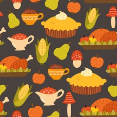 Seamless pattern with pumpkin pie and baked turkey. Background for Thanksgiving Day. - 660415925