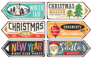 Vintage signs collection for Christmas and winter events, Santa Claus toy shop, gifts, Christmas trees and ornaments store. Retro billboard design templates. Seasonal vector illustrations.