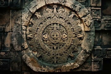 Fototapeta na wymiar Aged Mayan calendar on worn stone. Generative AI
