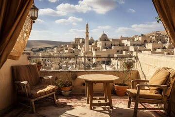 A view of old Hebron city from a rooftop near Qazazen Mosque in West Bank, Palestine. Generative AI