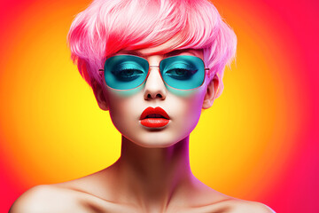 fashion portrait of a girl with a stylish haircut, pink hair