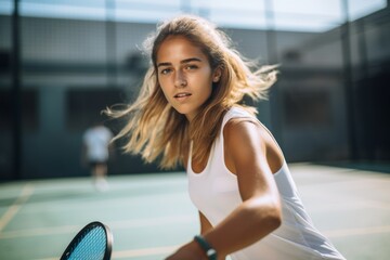 Medium shot portrait photography of an energetic girl in her 20s playing paddle in a court. With generative AI technology