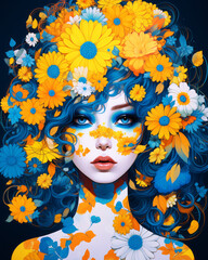 fashion illustration portrait of a girl in floral design. Spring, summer concept