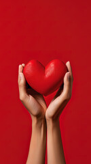 hand holds a red heart love shape on a red background