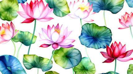 Fototapeta na wymiar seamless Lotus floral water color pattern on white background