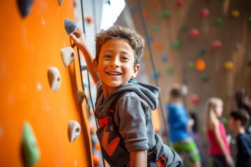 Sports portrait photography of an inspired kid male climbing in a climbing wall. With generative AI...