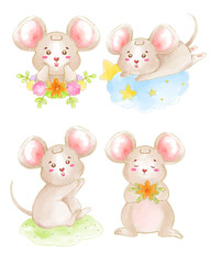 Watercolor cute Rat cartoon character design collection with different on with background. Vector illustration