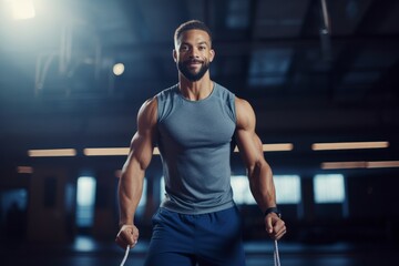 Close-up portrait photography of a serious mature man jumping rope in a gym. With generative AI technology - obrazy, fototapety, plakaty