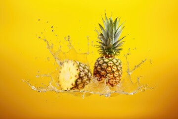 fresh pineapple with splashing water on yellow background - obrazy, fototapety, plakaty