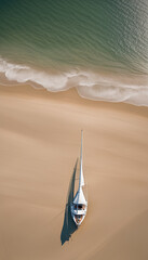 sailing boat on the sea. sand beach from above with light. background