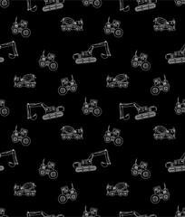 builder cars cartoon drawing vector seamless black white pattern