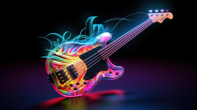 Guitar on illuminated neon light background. AI generated image