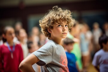 Photography in the style of pensive portraiture of a serious kid male dancing in a zumba class. With generative AI technology