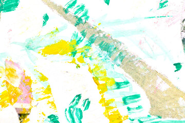 Abstract green yellow background. Multicolor brush strokes and paint spots on white paper, bright contrasting background.