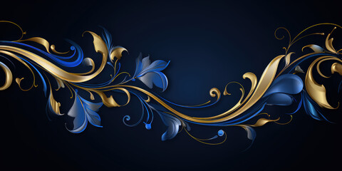 Royal Blue Satin Adorned with Golden Scrolls - Opulent 3D Banner with an Enchanting Gleam