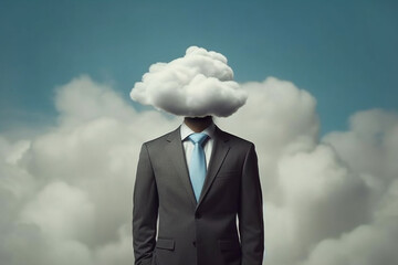 Explore imagination in business with a creative concept featuring a businessman whose head is replaced by dreamy clouds. Head in the clouds concept. Ai generated