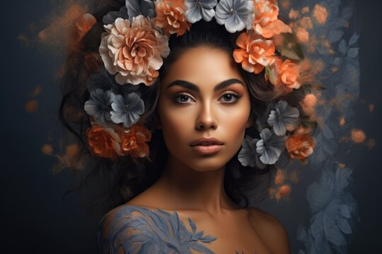 Beautiful young african american woman in flowers. Dangerously beautiful. Nature beauty concept. Self care, love, wellbeing