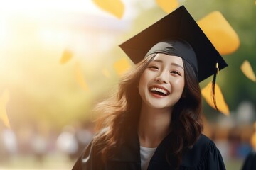 Portrait of happy university women student after her graduate with diploma. Gneerative Ai.
