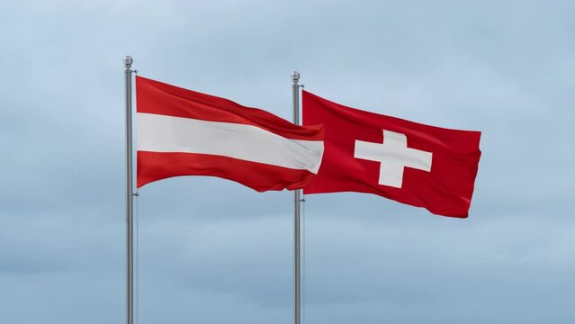 Switzerland and Austria flag waving together on cloudy sky, endless seamless loop, two country cooperation concept