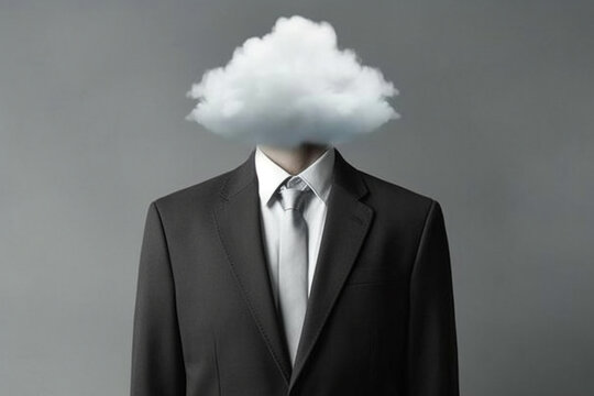 Explore imagination in business with a creative concept featuring a businessman whose head is replaced by dreamy clouds. Head in the clouds concept. Ai generated