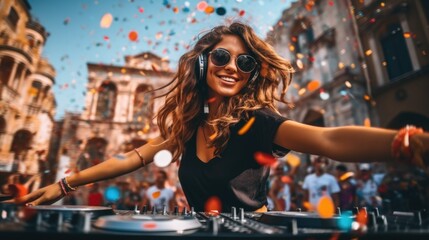 Happy female DJ playing music for big party