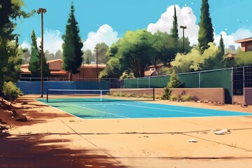 Morning tennis court scene. Generative AI
