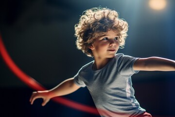 Lifestyle portrait photography of an energetic kid male doing rhythmic gymnastics in a studio. With generative AI technology